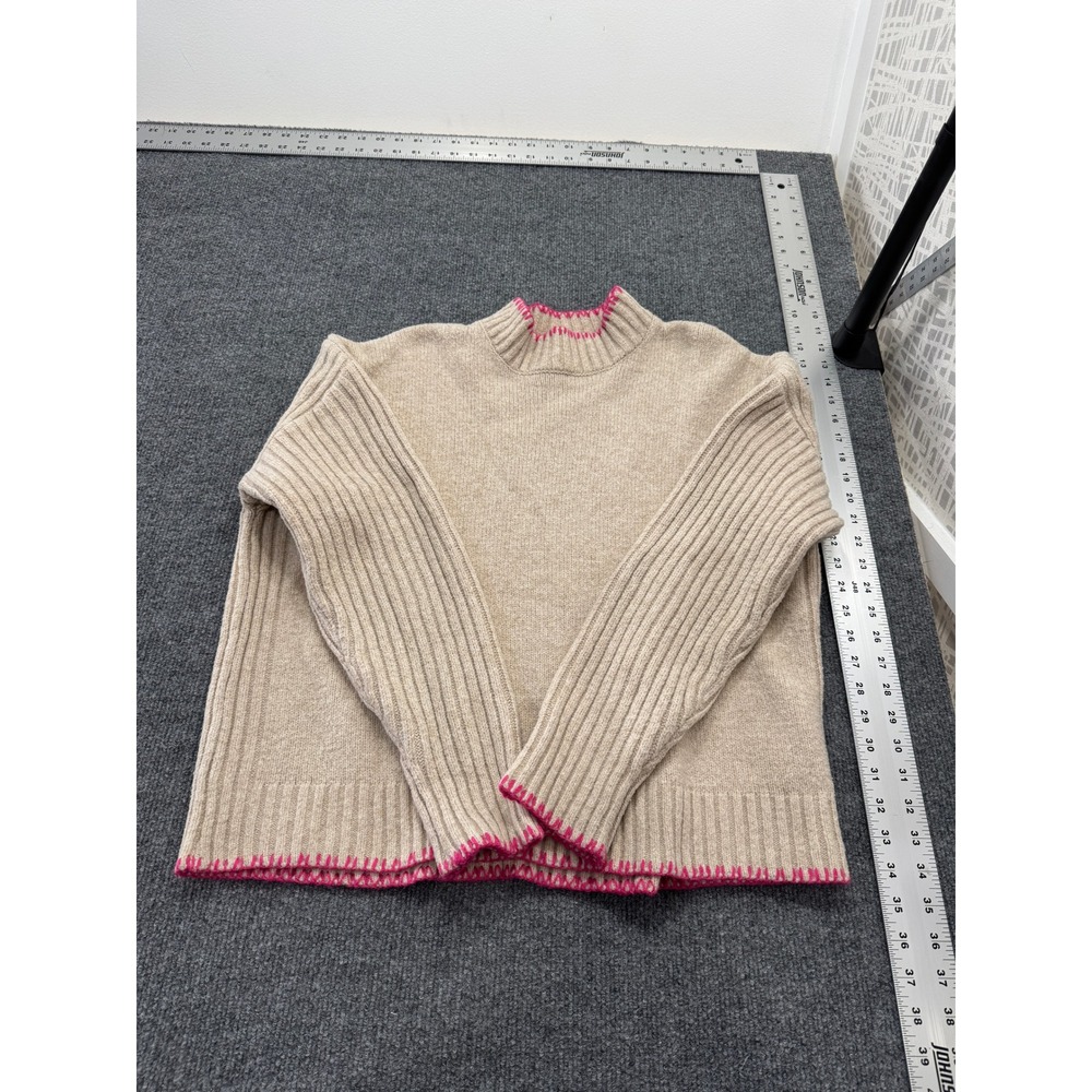 Joie Womens XL Beige Pink Whipstitch Mock Neck Ribbed Sleeve Knit Sweater - Picture 5 of 6